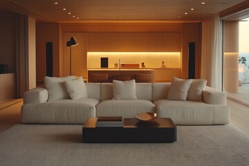 Wall Mural - Modern living room with cozy sofa and warm lighting in a stylish apartment at sunset