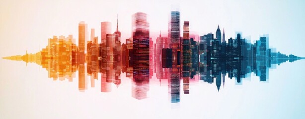 Fototapete - Abstract City Skyline with Soundwave Effect in Vibrant Colors Creating a Dynamic Visual Representation