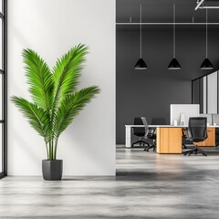 Poster - Modern Office Interior with Large Plant, Minimalist Furniture, and Bright Natural Light Streaming In
