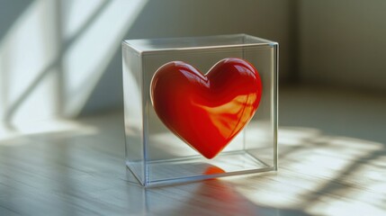 Red heart sculpture in transparent cube on sunlit wooden surface