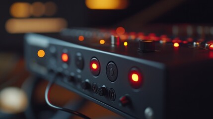 Close up of a professional audio mixer with illuminated buttons and knobs, showcasing the intricate controls and technology used in music production and filmmaking