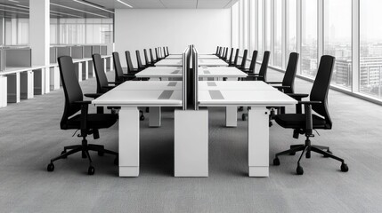 Poster - Modern Office Space with Rows of Desks and Black Office Chairs in Bright, Open Workspace Environment