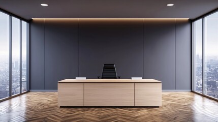 Poster - Modern minimalist office interior design with large windows and wooden floor showcasing simplicity and elegance