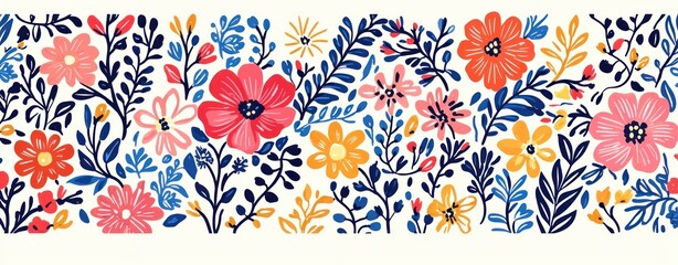 Poster - Vibrant Floral Pattern with Colorful Flowers and Leaves on Light Background for Creative Projects
