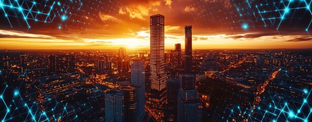 Fototapete - Vibrant Cityscape at Dusk with Glowing Lights and Abstract Digital Overlay in Background