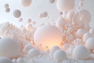 Canvas Print - Floating milk droplets create a surreal environment, orbiting around a soft glowing light resembling celestial bodies in an otherworldly galaxy, evoking a tranquil atmosphere