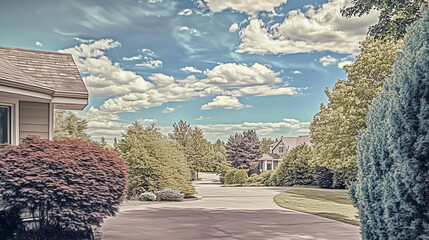 Serene Suburban Street with a Soft Vintage Look and Dreamy Sky