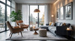 © SecretCanvas - Tranquil Scandinavian lounge interior with gray neutral couch modern design and large windows letting in natural daylight and creating an open atmosphere Modern Interior Design Inspiration
