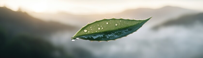 Wall Mural - An enormous aloe vera leaf levitates in the air, releasing sparkling droplets of light into a vast misty landscape, emphasizing its natural healing properties and hydration essence