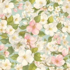 Wall Mural - Seamless pattern of apple blossoms painted in watercolor style