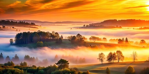 Wall Mural - Long exposure captures a dreamy sunrise, fog clinging to the land in a misty embrace.