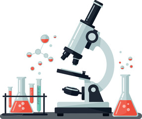 Microscope design in flat style with laboratory glassware and chemical elements in vibrant colors vector illustration