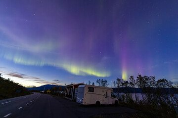 motorhome and northern lights in kiruna, sweden.