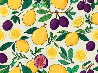 Wall Mural - Vibrant Citrus and Plum Pattern: A Delightful Summer Fruit Design