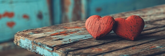 Poster - Two lovers' hearts resting on an old wooden table symbolize Valentine's Day