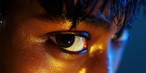 Close-up of Sweaty Eye and Face with Gold and Blue Lighting