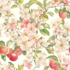 Wall Mural - Seamless pattern of apple blossoms painted in watercolor style