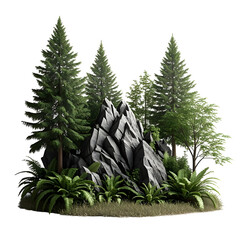 Poster - A 3D model of a jagged rock formation surrounded by tall trees and ferns