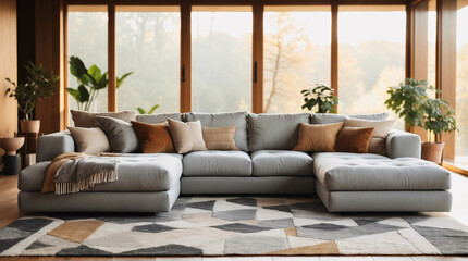 Wall Mural - Tranquil Scandinavian living room with soft beige couch modern design features and wide windows that bring in natural light for a serene feel Modern Interior Design Inspiration