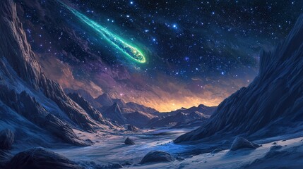 Wall Mural - comet streaking across the sky, with its bright nucleus and glowing green coma trailing a magnificen