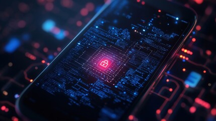 The smartphones screen glows with a graphical representation of a secure connection featuring a matrix of binary code and padlock symbols. The background subtly hints at a network grid