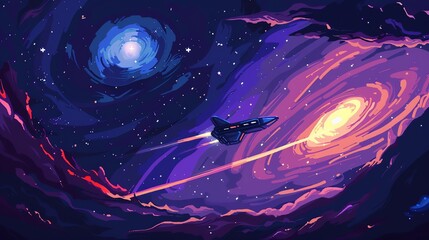 Canvas Print - a spaceship flies through space, past a swirling galaxy.