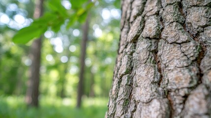 Forest tree bark texture, sunlight, green background, nature photography, website banner