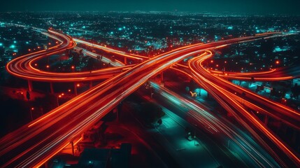 Wall Mural - Illuminated highways weave glowing trails of red lights over the city at night, capturing the pulse and rhythm of urban life on the move.