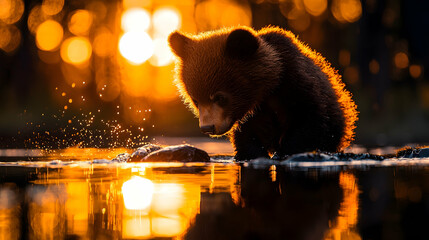 Wall Mural - Bear cub playing in sunset river, forest background, wildlife photography