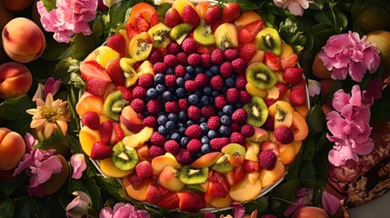 Wall Mural - Summer fruit platter, peaches, berries, flowers.  Healthy food, vibrant colors, garden setting