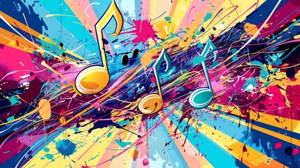 Wall Mural - abstract music background with musical notes and colorful paint splatters.