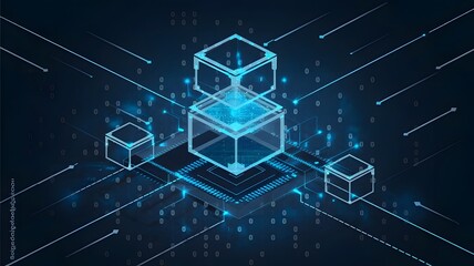 Abstract Digital Cubes Network Technology Data Blockchain Modern Futuristic Design Blue Neon Glowing Lines Innovative Digital Art Concept Background Illustration web code cyber pixel light future     