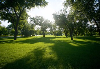 Wall Mural - Green lawn with shadows from trees in the park with bright sun, for recreation