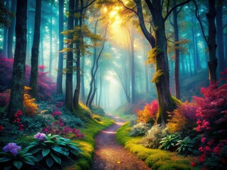 Wall Mural - Mystic forest scene, deep focus, fantasy landscape, ethereal lighting creates a surreal, magical realm with high depth of field.
