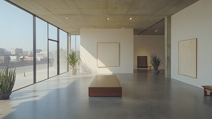 Fototapete - Modern art gallery featuring large windows and minimalistic decor