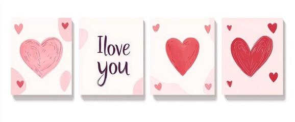 Wall Mural - A modern Valentine's Day card set featuring a heart frame design with pink and red accents, and sentimental lettering that expresses love messages including just love, always and forever, sweet love