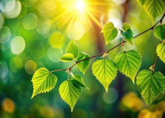 Wall Mural - Spring birch tree bathed in sunlight, blurred green backdrop, capturing nature's gentle beauty.