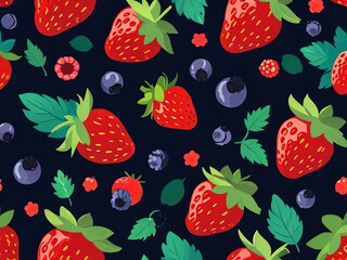 Wall Mural - Vibrant Summer Berries Seamless Pattern: A Delightful Design of Strawberries, Blueberries, and Raspberries