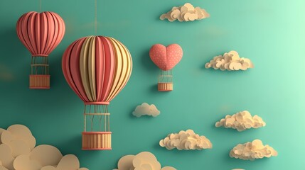 Wall Mural - Image of love and Valentine's Day with hearts and clouds created from colorful cut paper