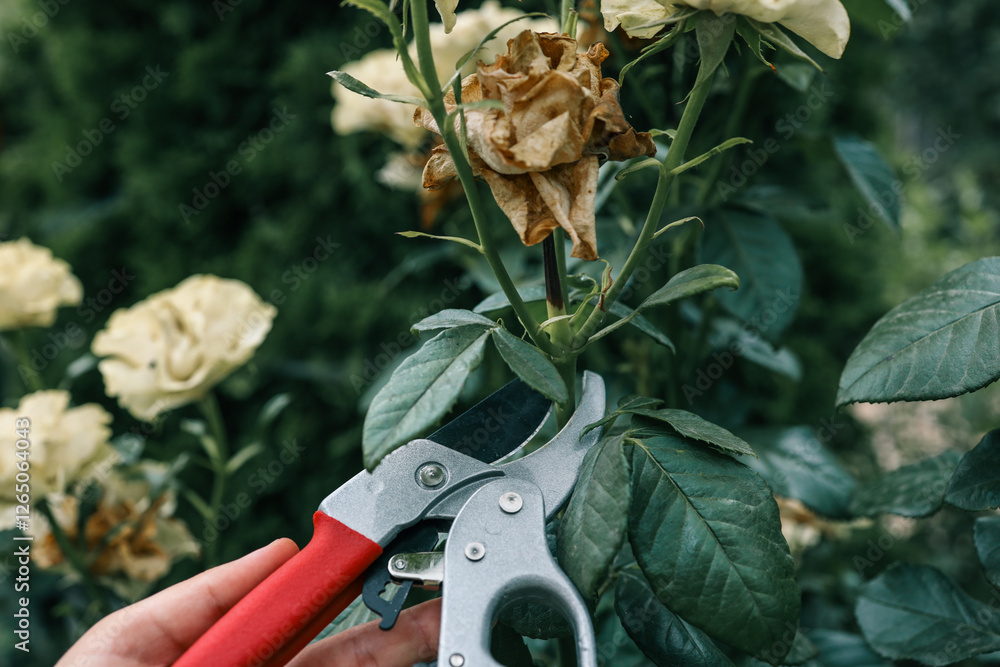 Close-up of garden pruning shears cutting a green rose stem. Gardening ...