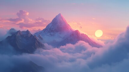 Wall Mural - Sunset over snowy peak, cloudscape, majestic mountains, nature, travel poster