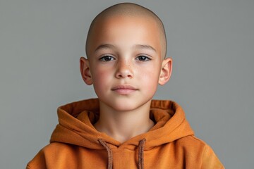 Child with shaved head wears orange hoodie while posing against neutral background showcasing a calm expression during a portrait session