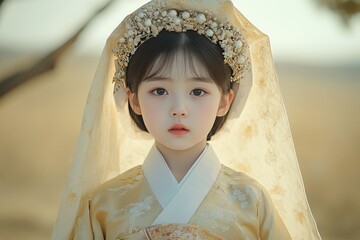 Young girl in traditional attire posing serenely against a nature backdrop at golden hour