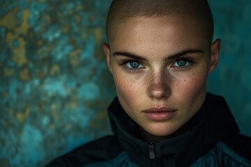 Leinwandbilder - Striking portrait of a person with a shaved head and piercing blue eyes against a textured background
