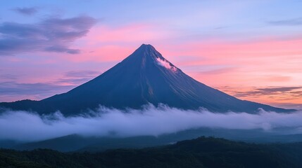 Sticker - Majestic volcano sunrise, misty valley, scenic landscape, travel poster