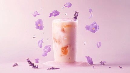 Wall Mural - A surreal floating composition of an iced lavender honey latte, with honey droplets and lavender petals suspended mid-air, isolated on a soft pastel background