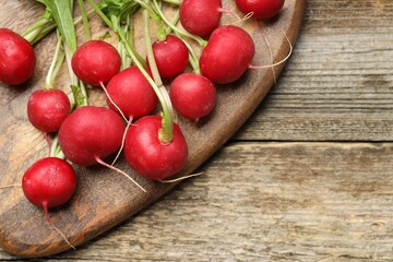 Wall Mural - Many fresh radishes on wooden table, top view. Space for text