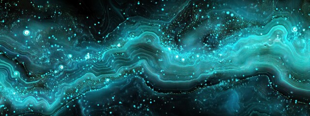 Wall Mural - abstract teal and black swirling energy with glowing particles.