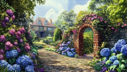 Wall Mural - Idyllic stone pathway leads to charming house nestled amongst vibrant blooming hydrangeas and roses in a lush garden.