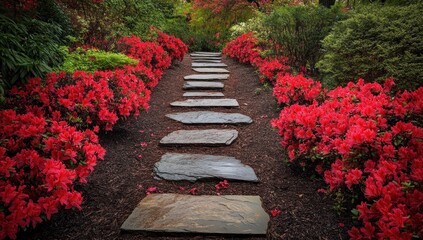 Wall Mural - Stone path through vibrant red azalea bushes in a garden.